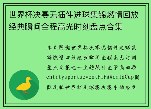 世界杯决赛无插件进球集锦燃情回放经典瞬间全程高光时刻盘点合集